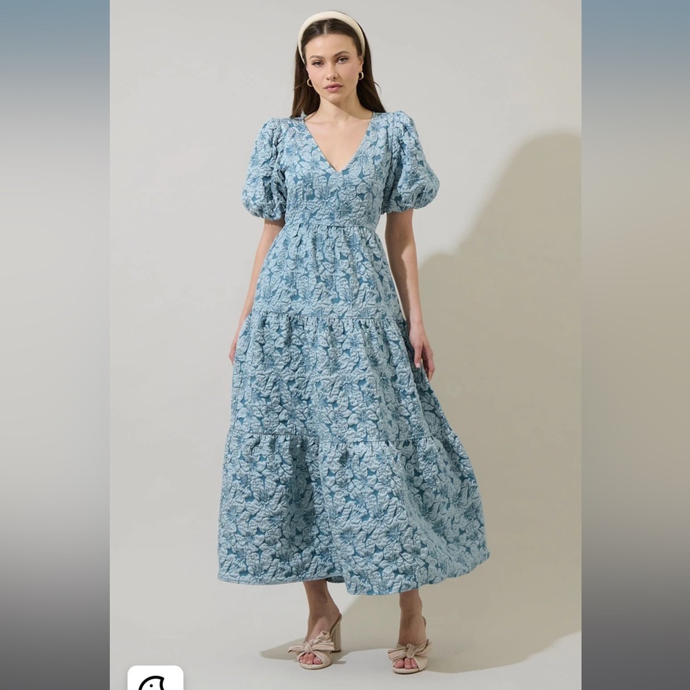 SugarLips Arielle Luna Poplin Floral Maxi Dress Dusty Blue